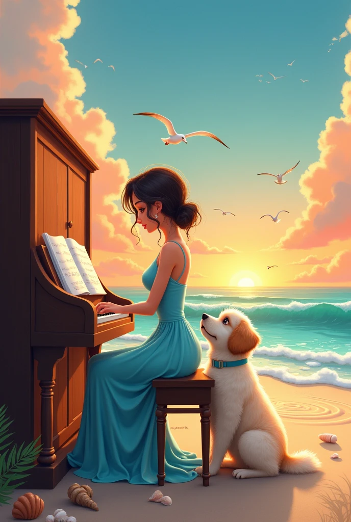 woman wearing blue dress playing piano at beach with her fluffy dog looking at her . warm and fantasy with animation style .