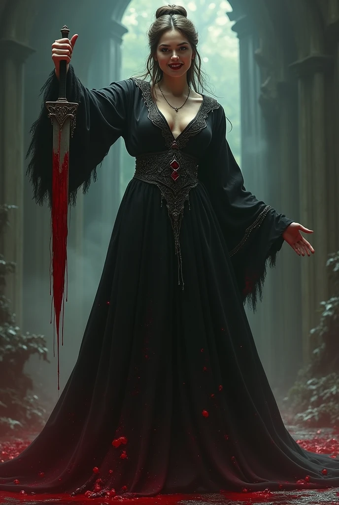 Anime style. Full body imagery of a Beautiful, evil cult leader with brown hair tied in a bun. Dark red lips curled up into a smile. Black blood stained robes tight against her perfect body. A bloody dagger in her hand as she completes another ritual sacrifice of a young boy. In a dark temple with a bloody sacrificial altar.