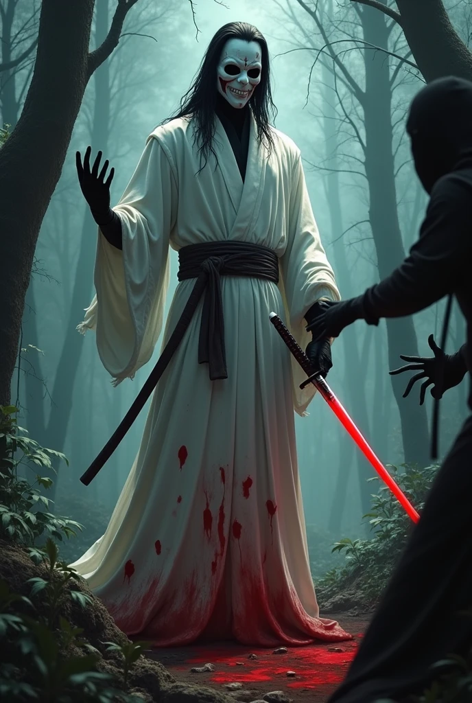 Un homme avec une tenue blanche et un masque blanc de longs cheveux noirs, des gants noirs, recouvert de sang dans une forêt avec une  qui lui tient la main, et dans l'autre main de l'homme un katana 