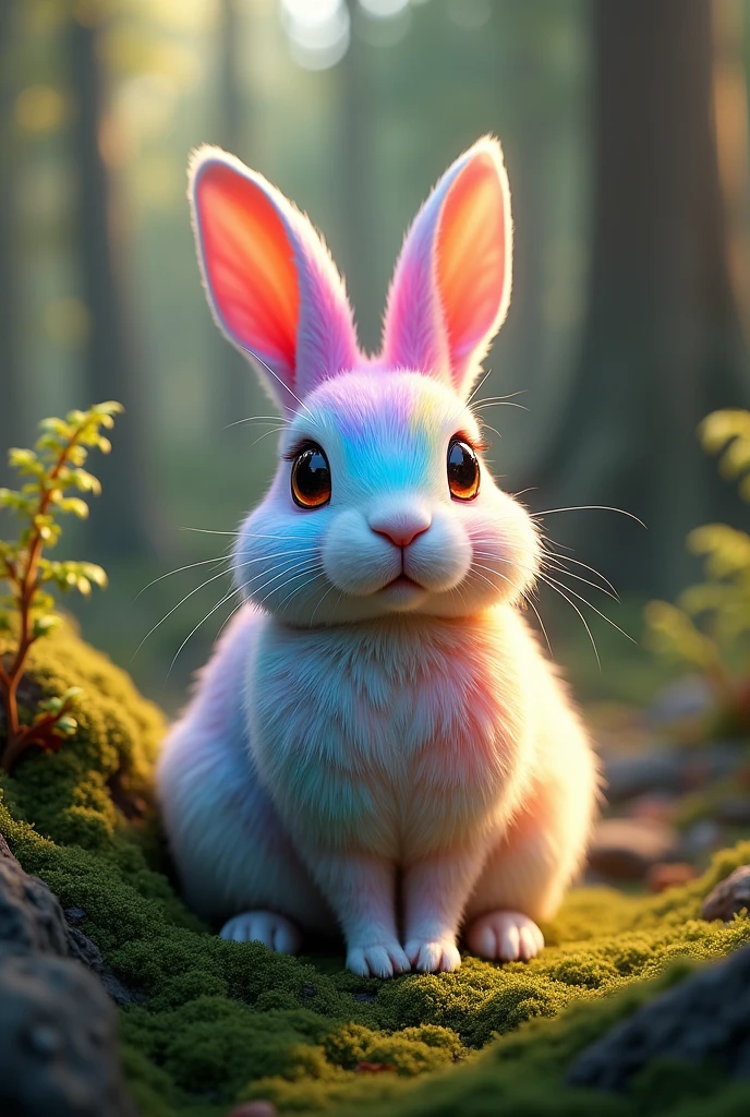 The image depicts an adorable and highly realistic rabbit situated in a lush, natural forest setting. The rabbit is the centerpiece, drawing immediate attention due to its extraordinary fur, which is a mesmerizing blend of all the colors of the rainbow, with vibrant hues seamlessly transitioning from one to another. The colors are enhanced by neon effects, giving the fur a glowing, iridescent quality, especially at the edges where the colors shimmer and change as if lit from within. The rabbit's large, dark, and expressive eyes reflect the soft sunlight filtering through the dense canopy of trees above. Its delicate ears stand alert, and its small, twitching nose adds to its overall cuteness. The rabbit sits calmly on a bed of soft green moss, surrounded by ferns and other forest undergrowth. The background is a mix of rich greens and earthy browns, with the forest extending into a soft blur, ensuring the viewer's focus remains on the rabbit. Sunlight streams through the trees, creating dappled patterns on the forest floor and highlighting the rabbit's colorful fur in a magical way, making the neon edges sparkle subtly. The scene is a harmonious blend of the natural and the fantastical, capturing the rabbit as a mystical creature in a serene woodland environment. This photorealistic image is rendered in 4K resolution, with high dynamic range (HDR) and soft lighting to enhance the ethereal atmosphere, focusing on intricate details like the texture of the moss and the delicate veins of the leaves.
