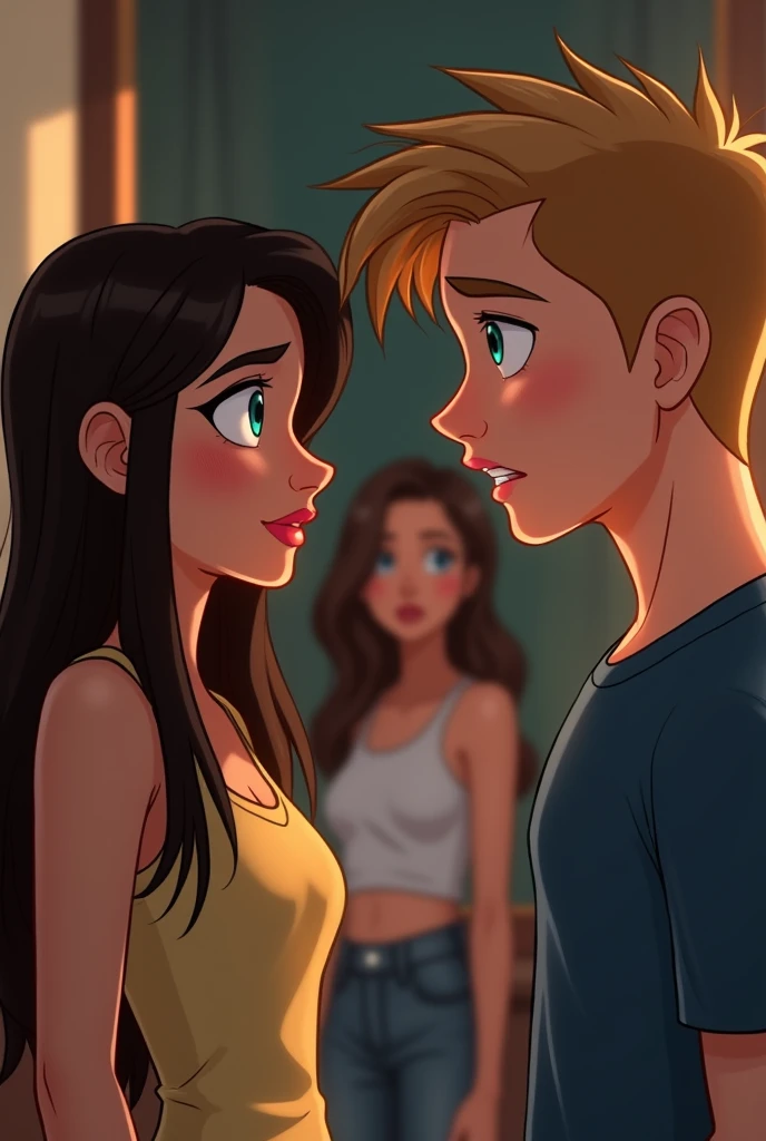 Sur la photo il y a une jeune femme avec des cheveux noirs et une frange Dora, la couleur de ses yeux sont marron. Elle trouve à côté d'un jeune homme blond châtain et des yeux turquoise. Ils s trouvent sur un lit. La jeune femme met qu'un soutien gorge et une jupe ????. Quant au jeune homme, il est bien vêtu d'une chemise blanche et un pantalon beige. Le garçon a une humeur flatteur quant a la fille, elle est dégoûtée. Version pixar 2D