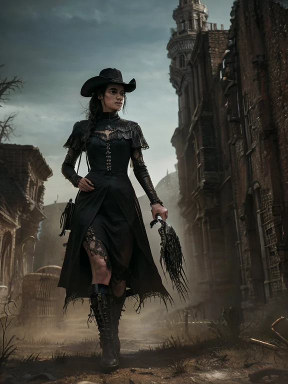 masterpiece, Highest quality, Very detailed, 8k, Ultra-high resolution, Cowboy Shot, One woman, young woman, Detailed face, Perfect Fingers, black eye, Black Hair, Long Hair, Black dress, Spooky ruins, bloodborne, walk