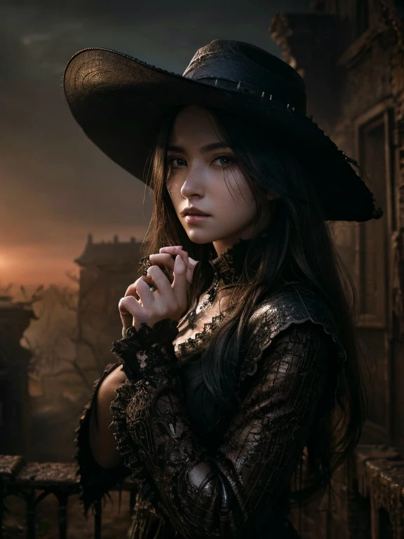 masterpiece, Highest quality, Very detailed, 8k, Ultra-high resolution, Cowboy Shot, One woman, young woman, Detailed face, Perfect Fingers, black eye, Black Hair, Long Hair, Black dress, Spooky ruins, bloodborne, walk