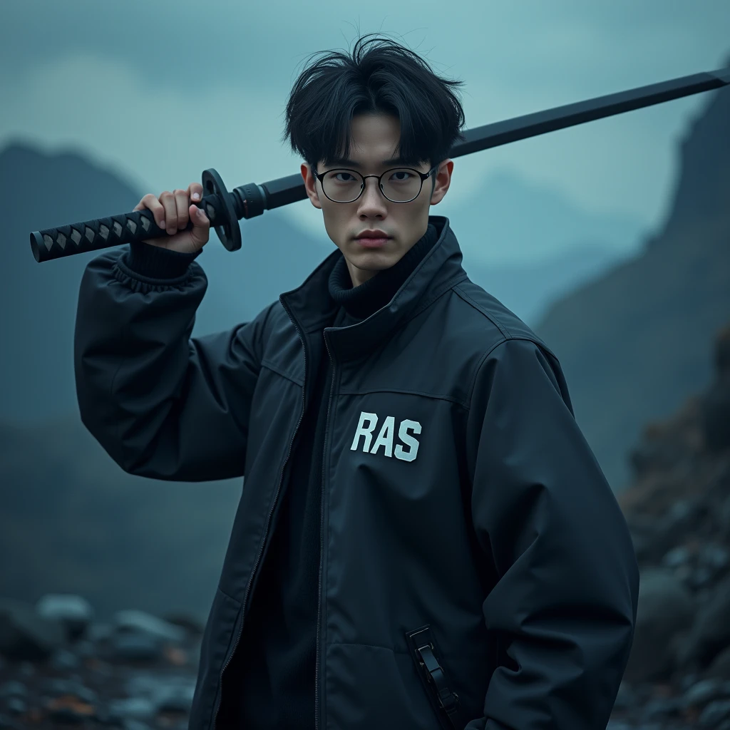 Create a character, {background: darkness blue vulcano}, realistic, HDR, use glasses, handsome, korean style, full body, use katana, age 20, jacket text: “PRAS”