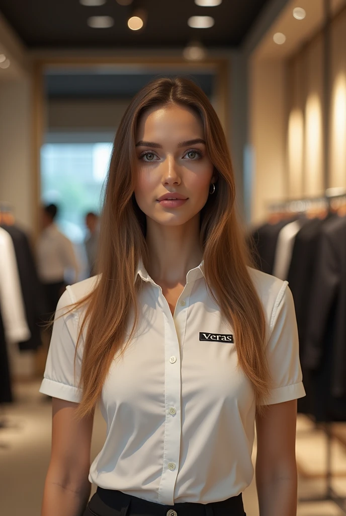 Fashion stylist for men and women aged 1, uniform, VERRAS brand polo t-shirt, white shirt, elegant long light brown hair, front view, working landscape at VERRAS fashion SHOP