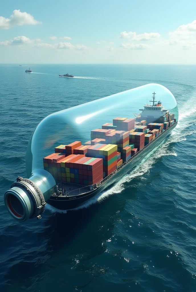 a very large bottle, transparent color floating in the middle of the ocean. In the bottle, many cargo ships carrying containers are queuing to get out of the bottle.. bottle lying on its back in water. open bottle cap. Some ships have managed to get out of the bottle