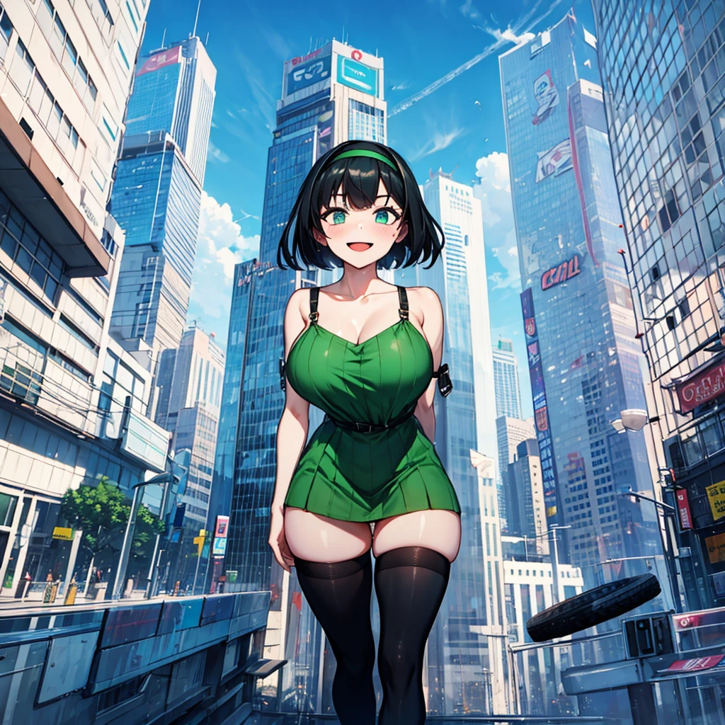 (solo), (1 skinny girl standing), arms behind back, swaying back, (tight-fit black thighhighs), collarbone, BREAK, yellow hairband, green dress with shoulder straps, (white shirts under dress), glass-walled skyscrapers in distance, BREAK, (long skinny legs), huge breasts, BREAK, (forced smile:1.3), (dripping tires:1.3), (disappeared), open mouth, orgasm, nsfw, pussy juice dripping down between thighs