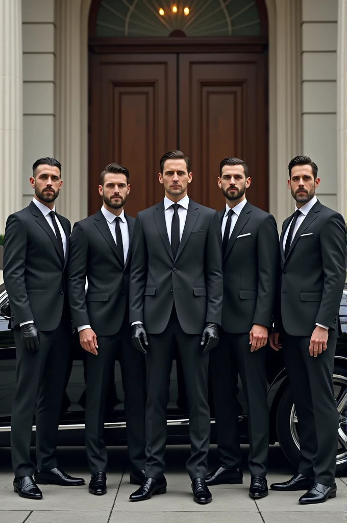 Six men, dressed in sleek black suits and black gloves, stand beside a luxury car parked next to a grand building. Their attire and the expensive vehicle suggest an important business meeting is ahead. Each man exudes an air of professionalism and confidence, reflecting the gravity of their forthcoming appointment.