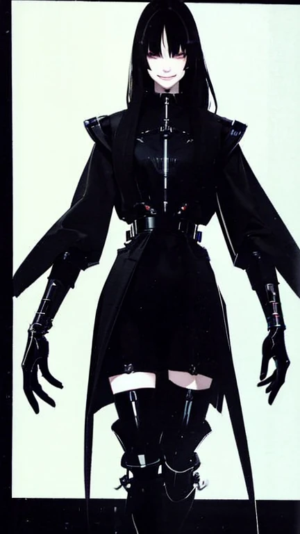 Black Hair、Crazy smile:1.5、Japanese woman in her 30s、Dark Background、One Cool Lady:1.5、night、whole photo、Dark Eyes、Black gloves、Ominous Machine Lifeform、Nihil、Half of his body is made of machinery、Mechanical Man:1.5、Modern clothing:、Creepy、Scary atmosphere