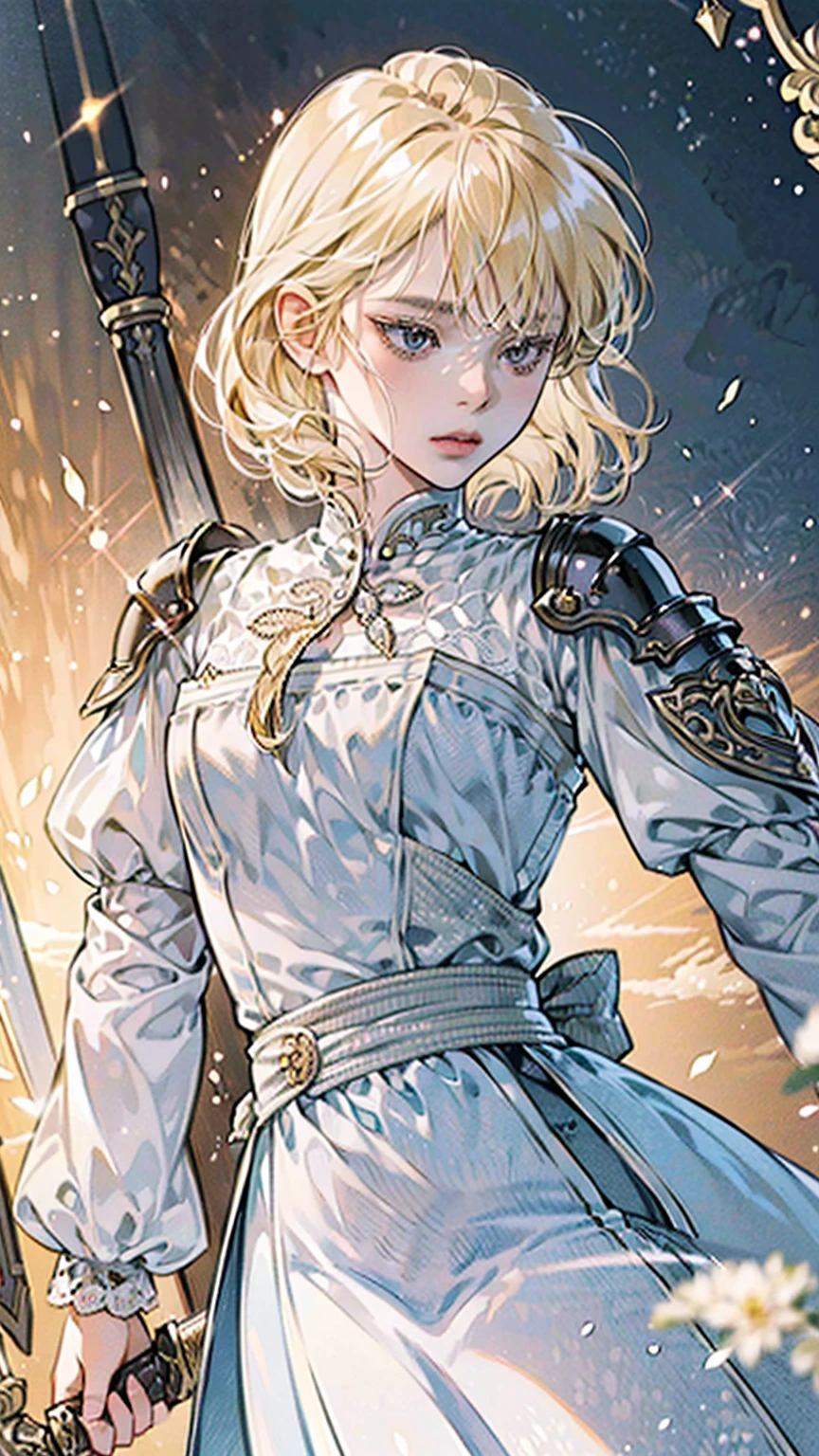 ((best quality)), ((ultra high definition)), ((masterpiece)), ((Romance Fantasy)), ((illustration)), (detailed), (clear), (Perfect), 1 girl, beautiful, pure, calm expression, short blonde hair with bangs, white skin, gray eyes, Deep double eyelids, abundant eyelashes, pretty lips, big bust, small waist, armored, The action of taking a sword out of its scabbard
