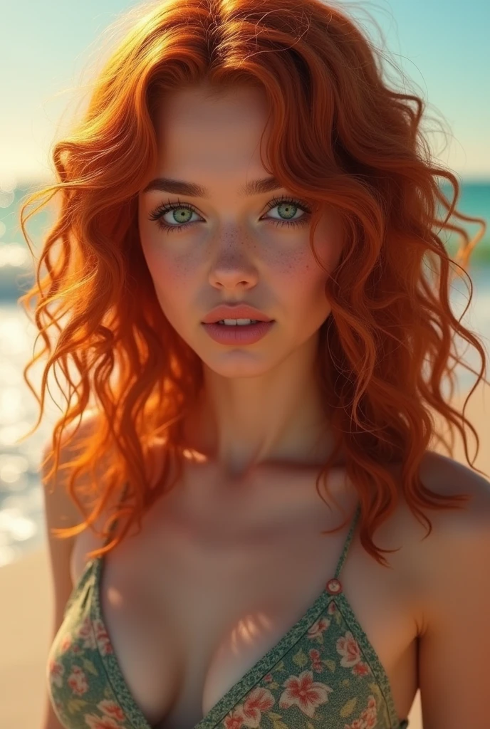 arafed Woman with red hair and green eyes on the beach, A digital representation, inspired by Kaja Foglio, shutterstock contest winner, Photo-realism, curly copper colored hair, Curly red hair, with Curly red hair, a red-haired young woman, rothaarige Frau, rotes curly hair, red hair and attractive facial features, Woman with red hair, curly hair