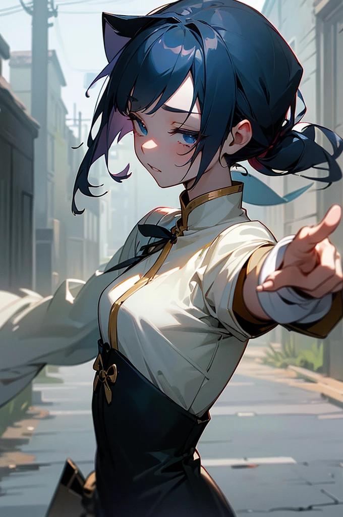 ((masterpiece)), (Professional photography:1.2), (HD:1.3), best quality, 8K, from the side, Wide-angle lens, Textured Skin, Movie Lighting, Alley,girl靠在墙上。Holding a dagger pointing at the camera,girl,Injured,Covering the side,Bleeding。Her eyes were covered with a cloth。How sad and desperate。