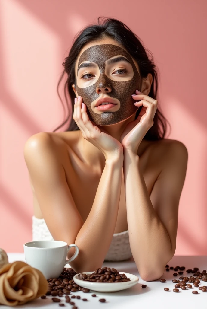Creative and aesthetic Shoot with pink or white background of female model with props applied coffee face mask. Use props in pictures
