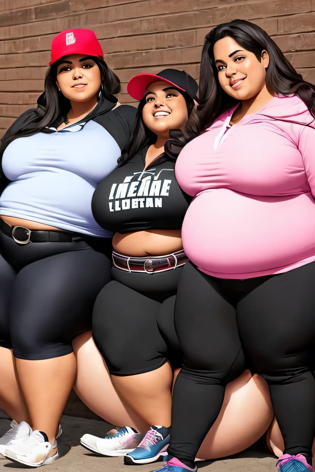 four extremely fat old latino women hugging, huge bust, 300 pounds, black pants, large stomach, lovehandles, smiling, bbw, plus size woman, wearing baseball cap, belt, massive and gigantic belly, wearing hoodie, hand on stomach, lying down, item sitting on stomach, text on stomach