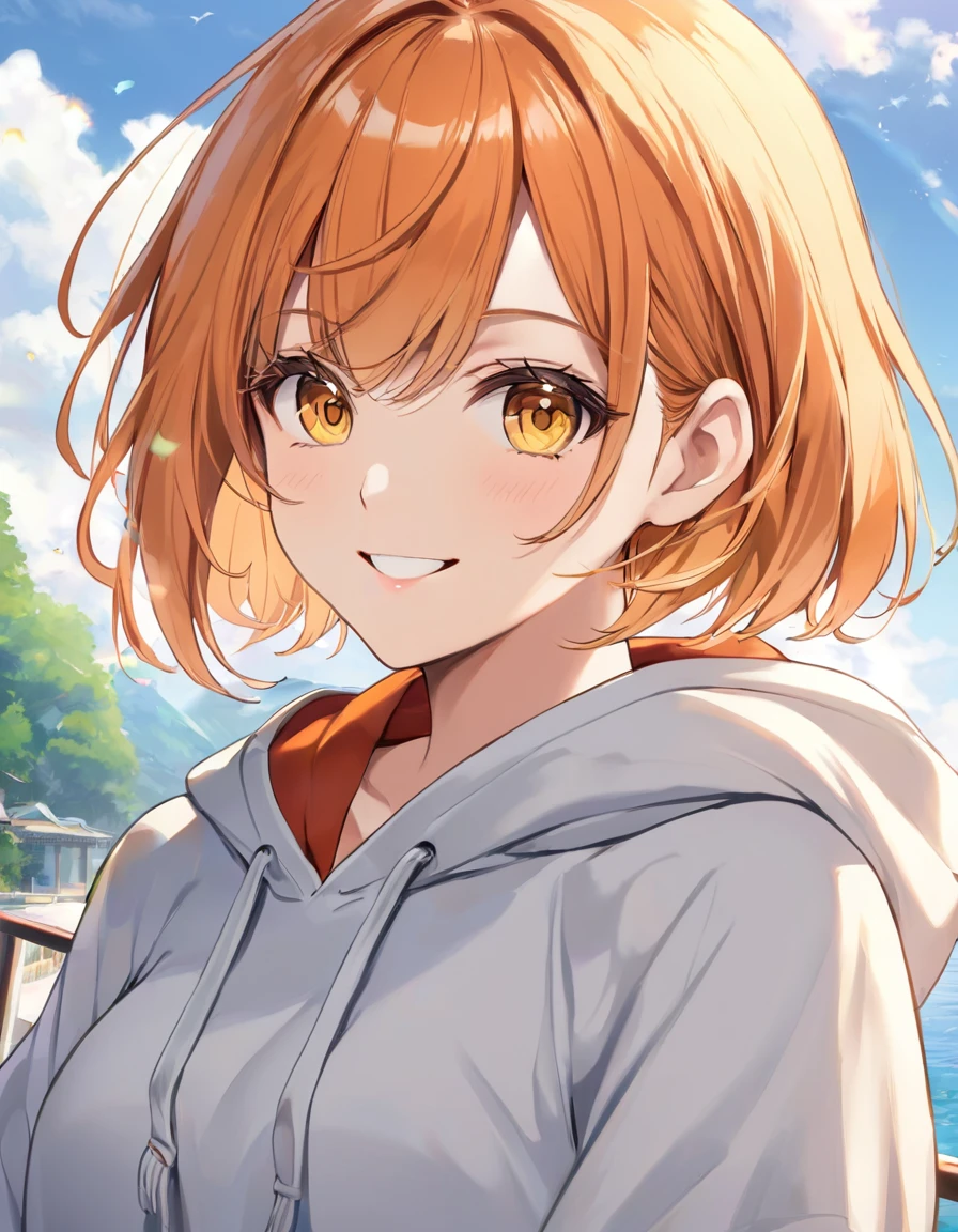 Beautiful self-confidence々Smiling adult woman、((Orange short hair))(Yellow Eyes)、(Wearing a hoodie)