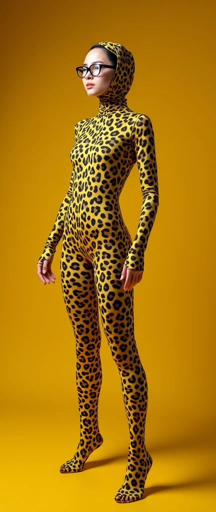 The beautiful and thinest chinese adult woman with glasses yellow cheetah animal print lycra elasticity turtleneck unitard catsuit.She always wear hijab-like zentai costume hood made of lycra elasticity.She performs when she is my contortionist.