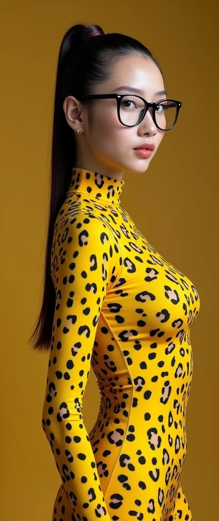 The beautiful and thinest chinese adult woman with glasses yellow cheetah animal print lycra elasticity turtleneck unitard catsuit.She always wear hijab-like zentai costume hood made of lycra elasticity.She performs when she is my contortionist.
