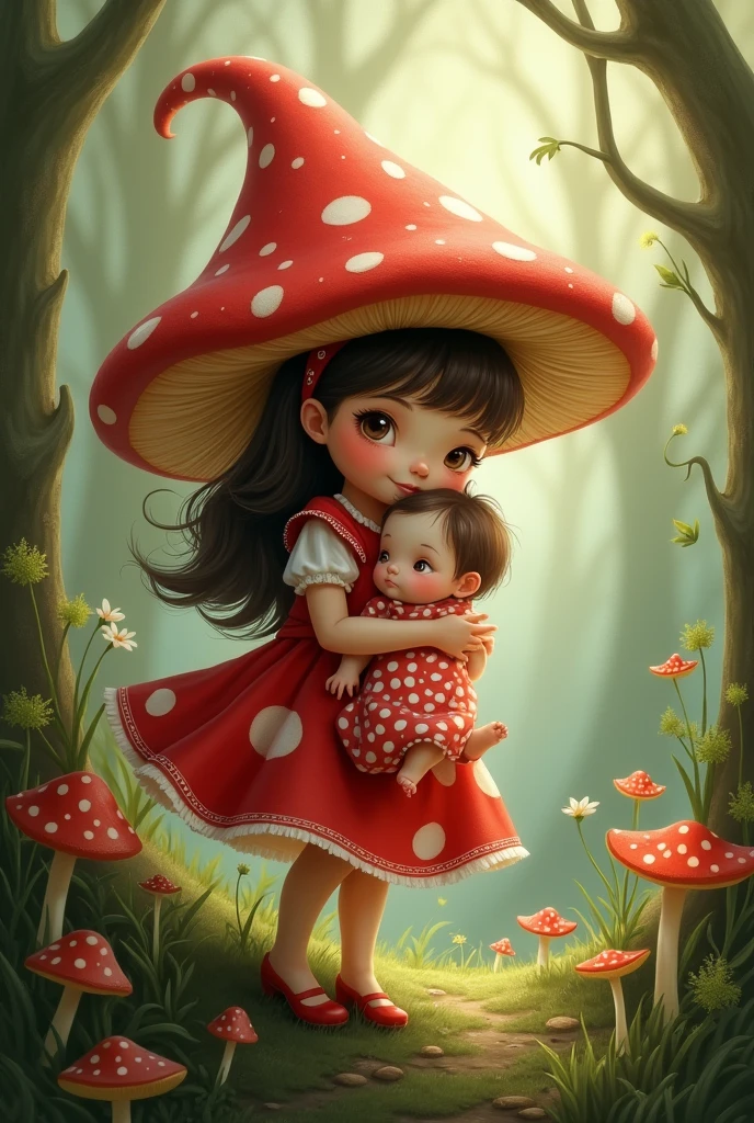 Small size red mashroom  girl  with girl  light white douts  and red colour dress 