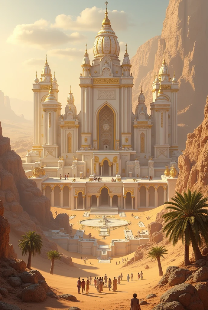 A rich kingdom located in the desert, with buildings predominantly in white and gold, inspired by Ancient Egypt, Ancient Greece and Ancient Rome