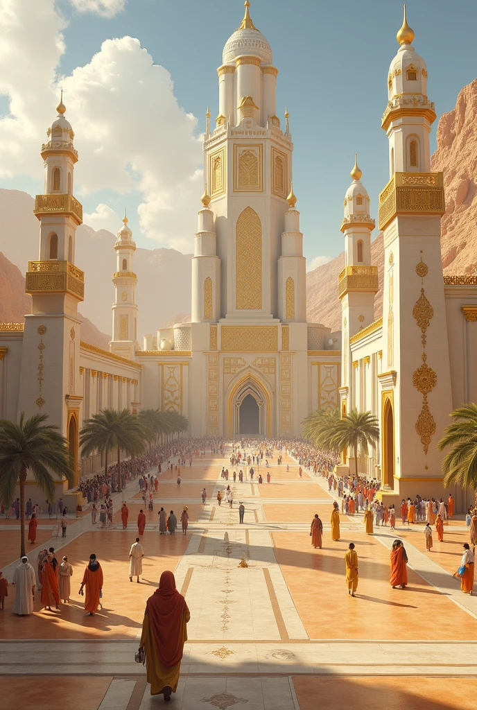 A rich kingdom located in the desert, with buildings predominantly in white and gold, inspired by Ancient Egypt, Ancient Greece and Ancient Rome