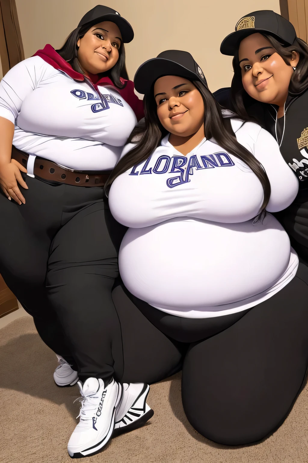 four extremely fat old latino women hugging, huge bust, 300 pounds, black pants, large stomach, lovehandles, smiling, bbw, plus size woman, wearing baseball cap, belt, massive and gigantic belly, wearing hoodie, hand on stomach, lying down, item sitting on stomach, text on stomach