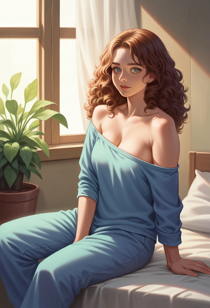 (photorealism:1.2), beautiful woman, sitting on bed, wearing loose off-shoulder top, pajama pants, long curly hair, indoors, soft lighting, plants in background, window with sunlight, cozy room, relaxed pose, realistic, intricate details, warm colors, by Greg Rutkowski, by Alphonse Mucha