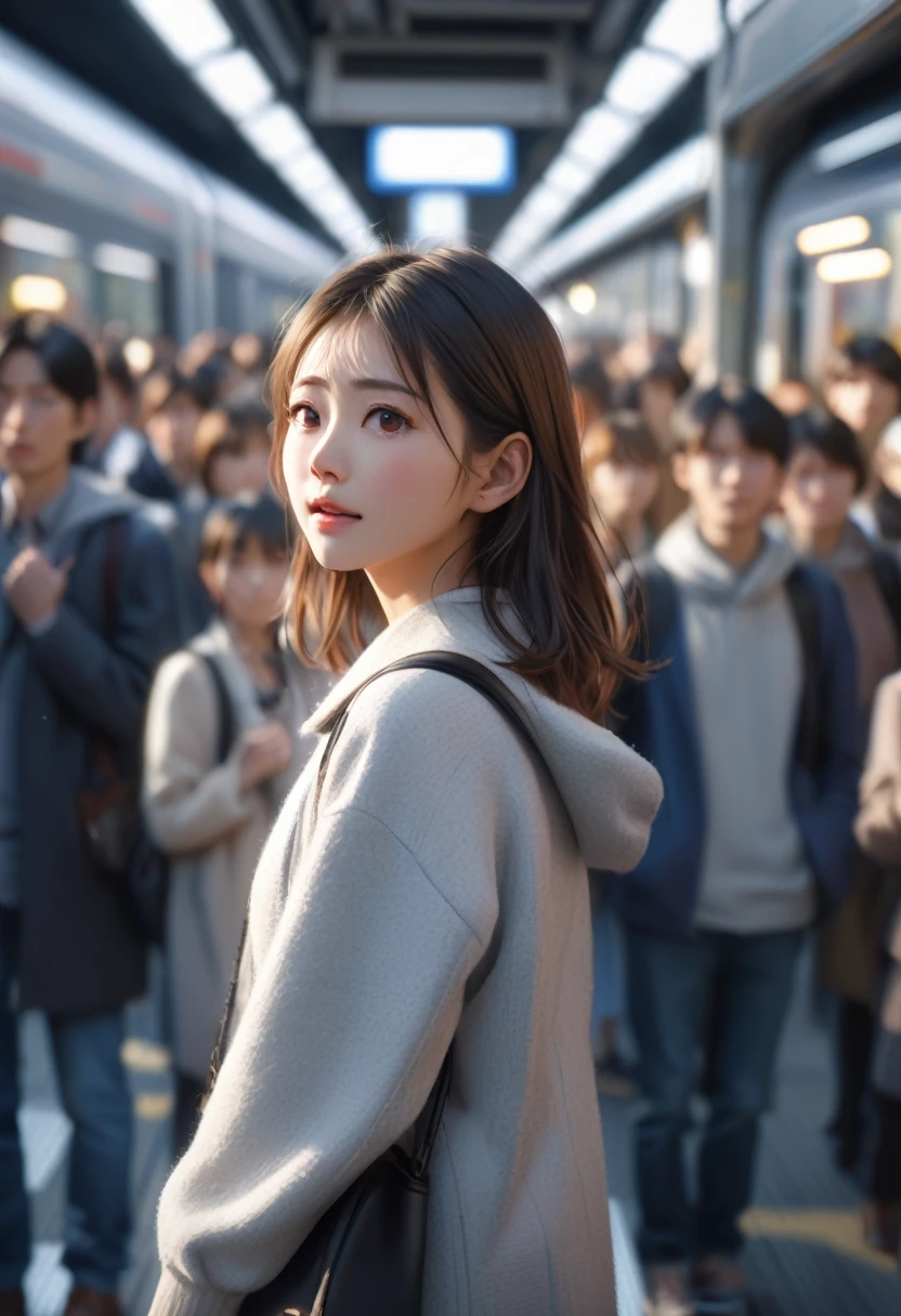 Young Japanese girl standing on a crowded train platform in Tokyo, surrounded by commuters, 8k, highly detailed. She looks overwhelmed, hands slightly raised towards her ears. Subtle, transparent heart shapes pulse around each person, visible only to her. Morning rush hour atmosphere, mix of warm and cool lighting from sunlight and station lights. Photorealistic style with focus on diverse crowd and urban environment. Masterpiece, best quality, intricate details, cinematic lighting, 8k resolution.smile, looking at the camera