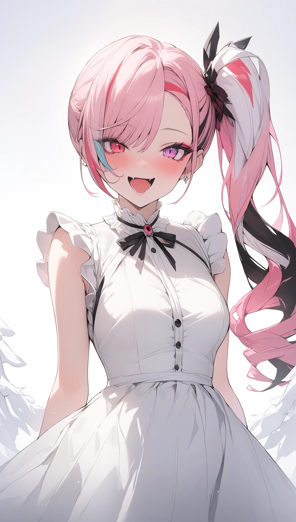{{masterpiece}}, The best quality of life, 超High resolution, Attention to detail, high quality, High resolution, 最high quality, 4K, 8k,Attention to detail,((asymmetrical bangs、side ponytail、pink hair, red streaked hai、)Multi-colored hair)) 、One person, 1 female、Perfect proportions,((Perfect pink eyes、Exquisite makeup))((Heterochromia iridis)) ,((White background))、(((White dress、Frills、ribbon)、Laughing、Cowboy Shot、Watching Me