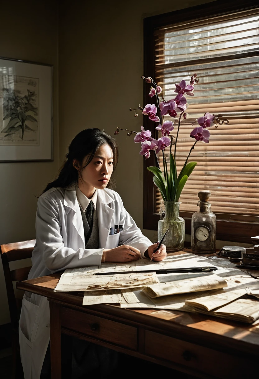 Genius Beautiful botanical Misaki, 28, Japanese, black ducktail, Ransacked botanical research lab, early morning sunlight streaming through venetian blinds, creating stark shadows, papers and broken glass strewn across floor, empty orchid specimen case prominent on central table, drawers pulled out, computer with cracked screen, distraught genius Beautiful botanical Misaki in foreground, hand over mouth, eyes wide with shock, wearing previous day's wrinkled lab coat, detective in background taking notes, forensic team dusting for fingerprints, police tape across doorway, other scientists whispering in hallway visible through open door, clock on wall showing 7:15 AM, hyper-realistic, dramatic lighting, crime scene photography style, intricate detail, faded, highly detailed eye, highly detailed eye, 16k resolution, RAW, Nikon Z9, creative, masterpiece, fantasy, super detailed, high resolution, high quality, 8k, realistic, super detailed Dramatic Lighting, Soft Focus, Digital Illustration, Intricate Mechanics, Advanced Techniques, Dark Backgrounds, Cinematic, High Contrast, Moody, Strict, Atmospheric, (Top Quality, 4k, 8k, High Definition, Masterpiece: 1. 2), Ultra-Detailed, (Realistic, Graphic, Photorealistic: 1. 8) -- No glass --AR 16:9 --Stylize 1000