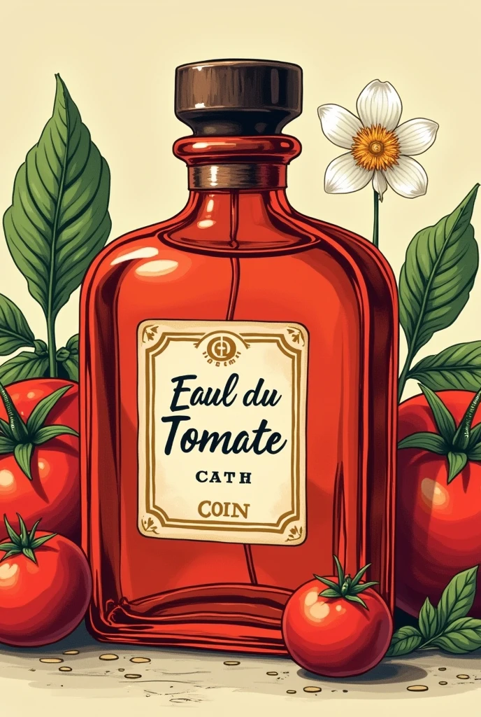 Image d’illustration vintage flacon transparent rouge de parfum inscrit dessus « Parfums Coin Coin Lovers » inscrit « eau de tomate » en arrière plan des tomates et dû basilic
