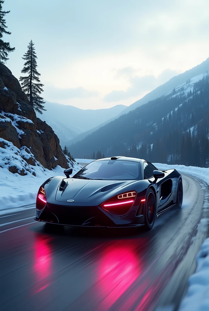 GT 650 in hills with natural scenery and neon light effect and little cloudy wheather in winter season and some ice are on road 