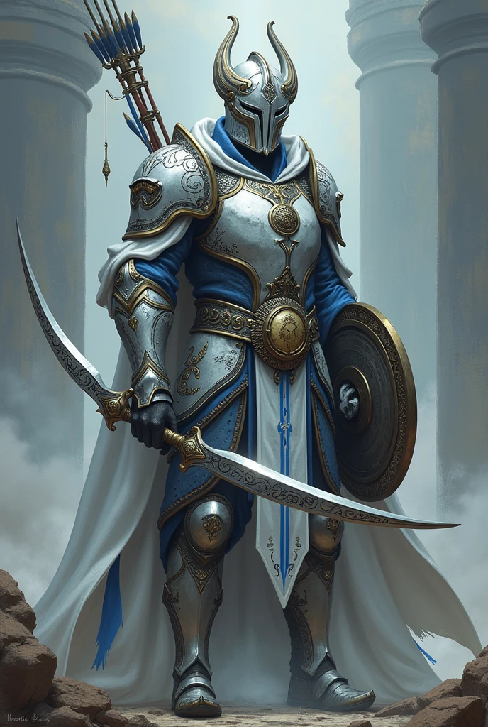 Personnage inspiré d'un seigneur de la balance avec une casque avec un symbole de la balance une armure avec des motifs bleu claire mélanger a du blanc avec des point noir avec un symbole de la balance déçu sont armure uj arc de métal argenté mélangé a du bleu est du blanc un sac a flèche deux bouclier qui sont sur s'est bras avec des motifs bleu claire avec du blanc mélangé a du noir avec le signe de la balance déçu un mélangé de blanc avec du bleu foncé est du noir avec une relique de la pendule déçu sont casque et un côté de combattant dangereux