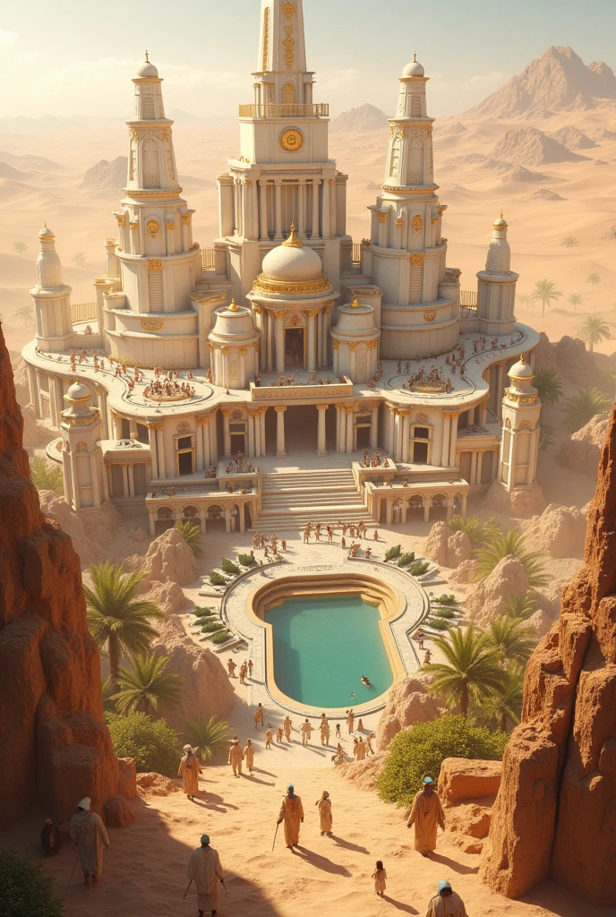 A rich kingdom located in the desert, with buildings predominantly in white and gold, inspired by Ancient Egypt, Ancient Greece and Ancient Rome