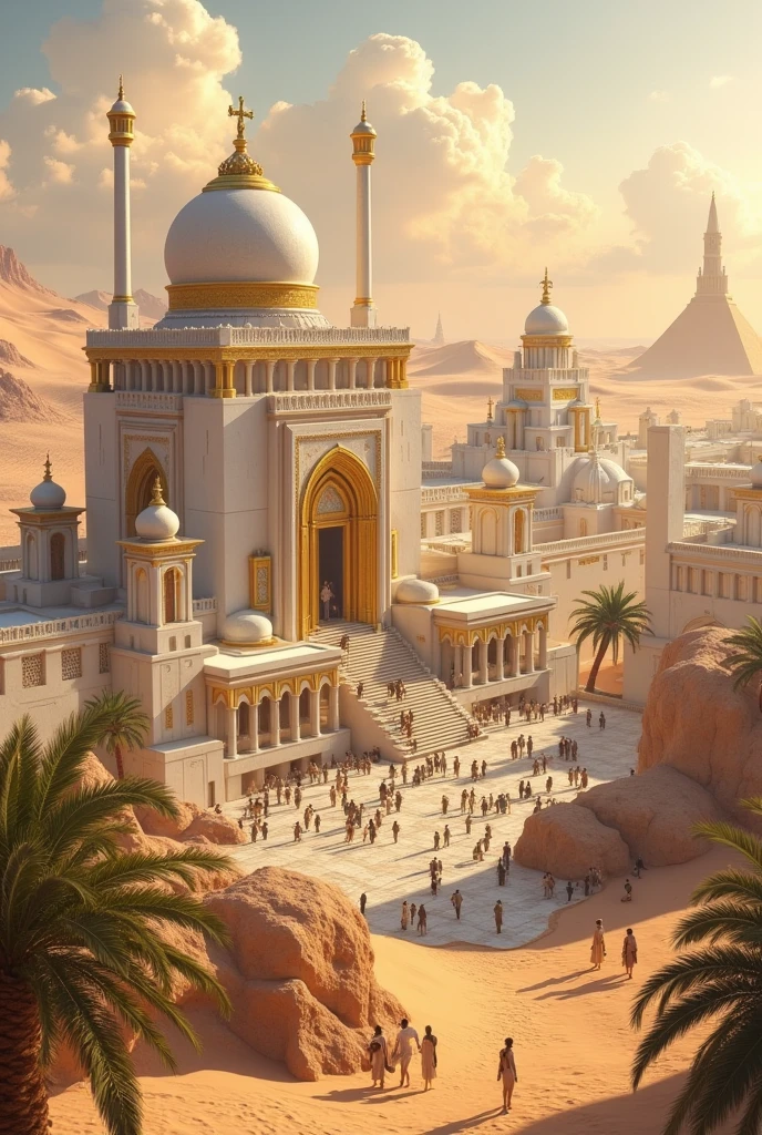 A rich kingdom located in the desert, with buildings predominantly in white and gold, inspired by Ancient Egypt, Ancient Greece and Ancient Rome