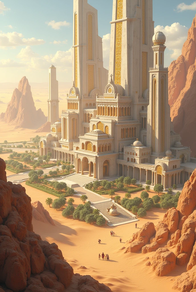 A rich kingdom located in the desert, with buildings predominantly in white and gold, inspired by Ancient Egypt, Ancient Greece and Ancient Rome