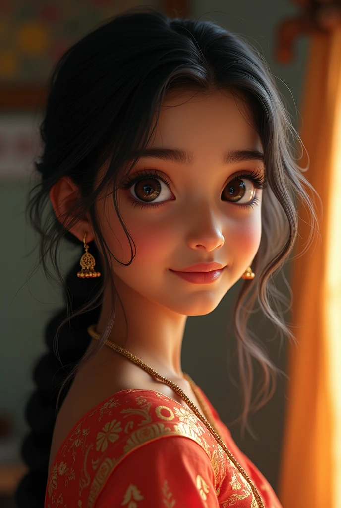 Girl in this photo make his face realistic anime ,little smile,cartoon,saree,sky