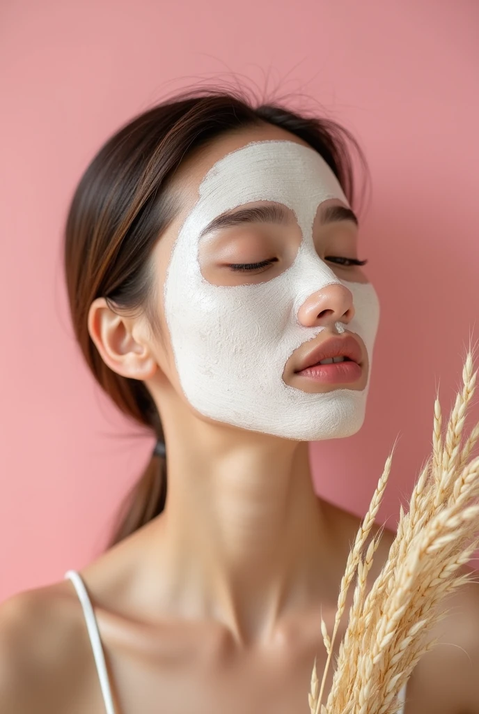 Creative and aesthetic Shoot with pink or white background of female model with props applied rice mud face mask. Use props in pictures