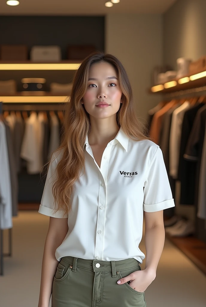 Fashion stylist for men and women, VERRAS brand polo t-shirt uniform, white shirt, elegant long light brown hair, front view, working landscape at the company