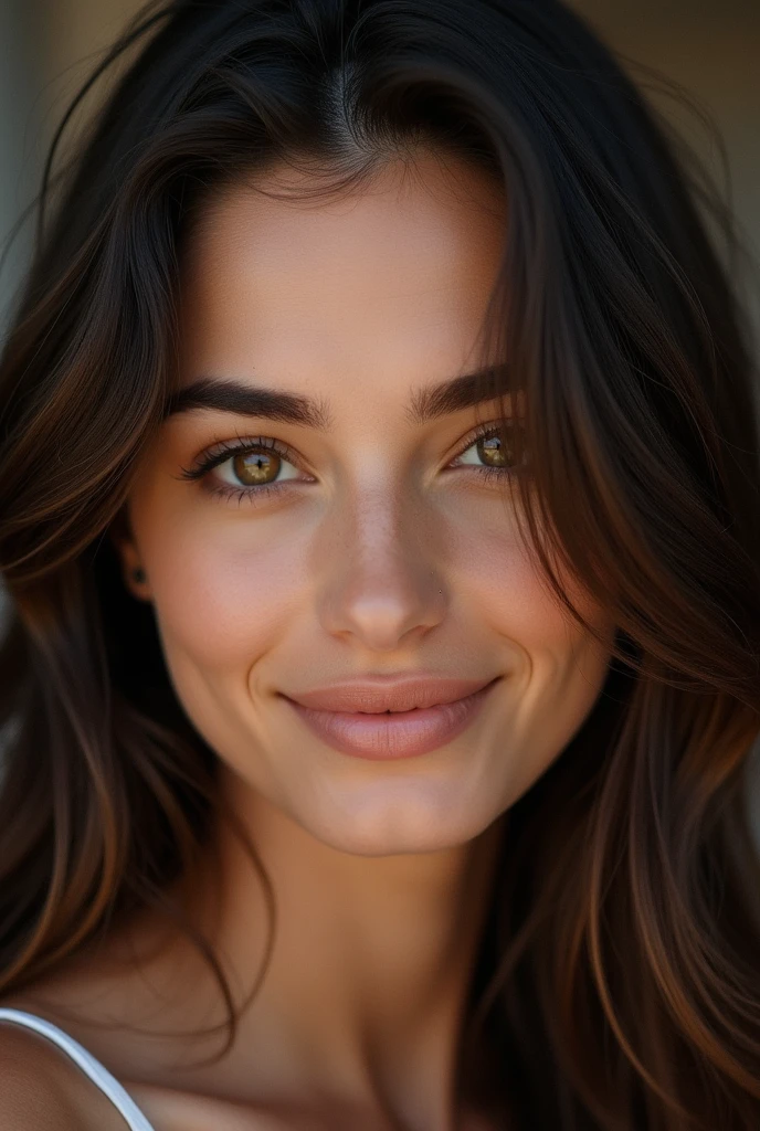 Jolie belle brune, seule dans la pièce très détaillée 24 ans, visage affectueux, cheveux longs, yeux marrons, haute résolution, meilleure qualité, Détails complexes très détaillés, netteté réaliste skin, texture yeux détaillée, professionnel, yeux professionnels, 4K. Sourire tourné avec Canon, 85 mm, faible profondeur de champ, couleur de vision kodac, fard à paupière, photo, ultra réaliste, photo réaliste, post traitement, détails maximum, rugosité, vrai vie, ultra réalisme, la photographie 8k