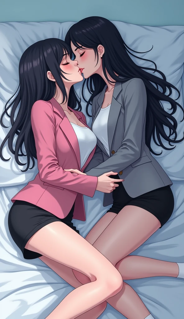 Two girls, long black hairs, yuri, lesbian.

The first girl wear a pink suit jacket, white shirt, black pencil skirt, black underpants, black tights, white socks.

The second girl wore a grey suit jacket, white shirt, black pencil skirt, black underpants, black tights, white socks.

french kiss, lesbian kiss, lying on the bed, straddle, insert one hand inside and touch the black underpants, insert finger to the pussy, closed eyes, light blue bedroom, novel cartoon, 4K, HD