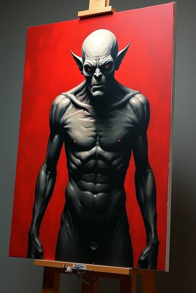 A monster without feelings being painted with a brush on a canvas on his easel, in red and black colors