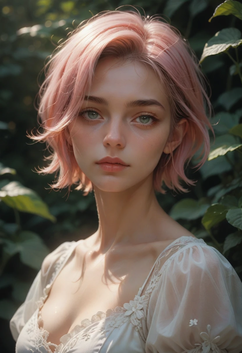 arcanevi, a woman with medium short pink hair wearing a white dress, female face, unreal engine character art, portrait