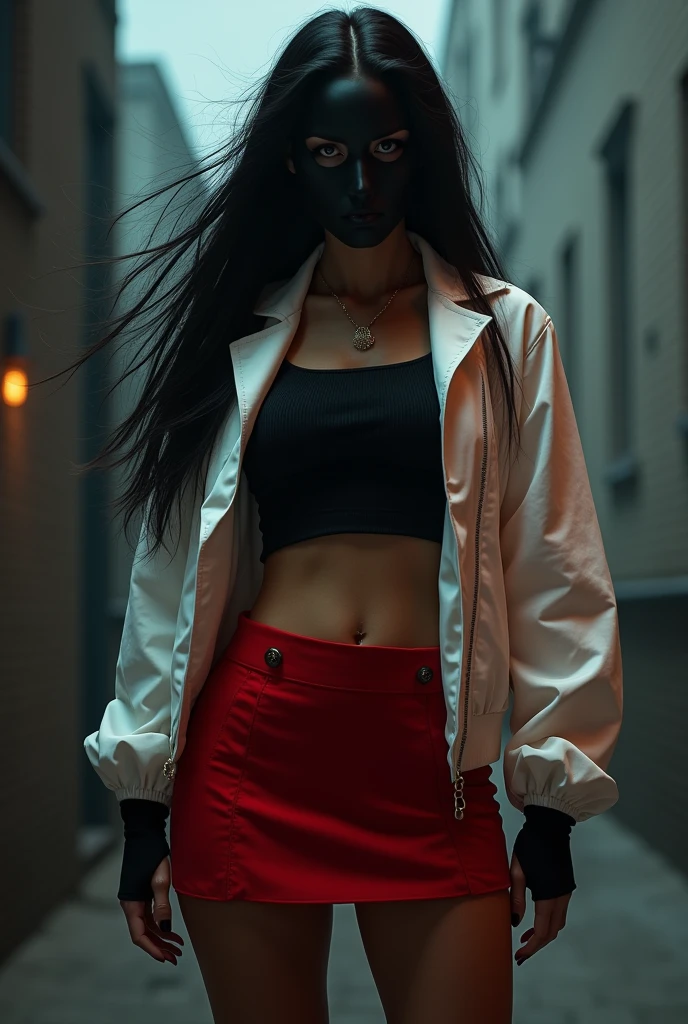 A woman with black hair, black mask, red cropped skirt, white fire jacket