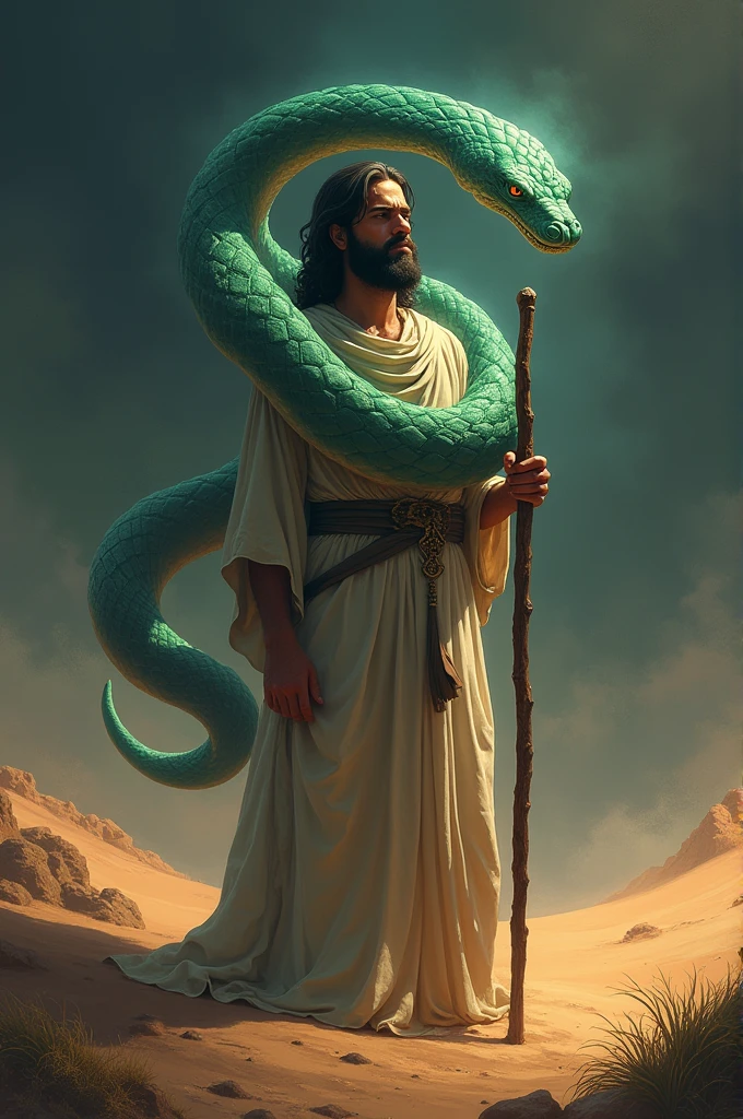 Prompt: "Create a dramatic thumbnail depicting Prophet Musa (Moses) standing with a staff in one hand. A large serpent is coiled around his neck, looking powerful and threatening. The scene should be set in a desert with a dark, stormy sky in the background. Prophet Musa should have a determined and calm expression on his face, symbolizing his faith and strength. The serpent should be detailed and imposing, with its scales reflecting a faint glow. Use a color palette that emphasizes the intensity of the moment, with strong contrasts between light and shadow."