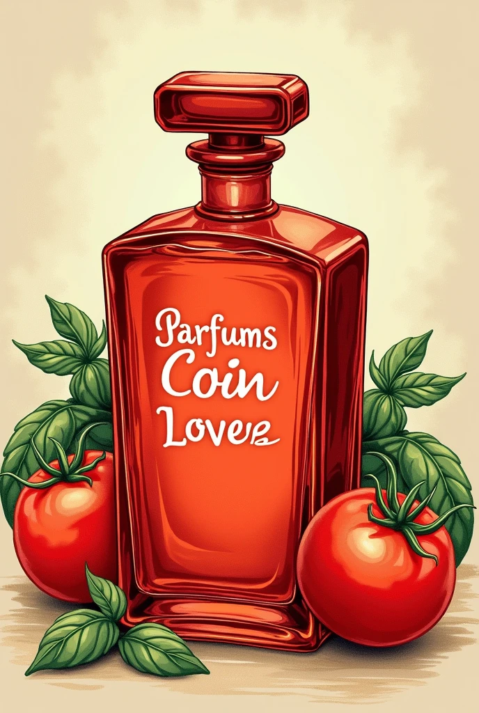 Image d’illustration vintage flacon transparent rouge de parfum inscrit dessus « Parfums Coin Coin Lovers » inscrit « eau de tomate » en arrière plan des tomates et dû basilic