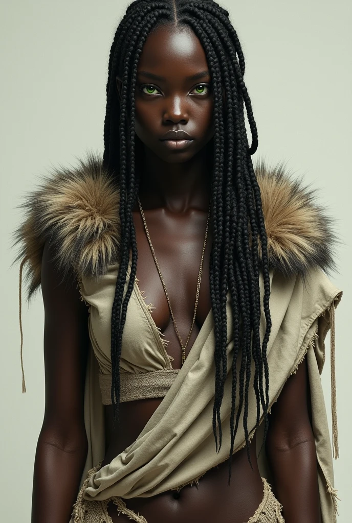 Only one
Only one 
Only one 2 girl with really dark skin 
Really dark skin 
Green eyes 
Long hair with African braids 
Using a torn semi-transparent fabric to cover her breasts 
Using a wolf's skin
