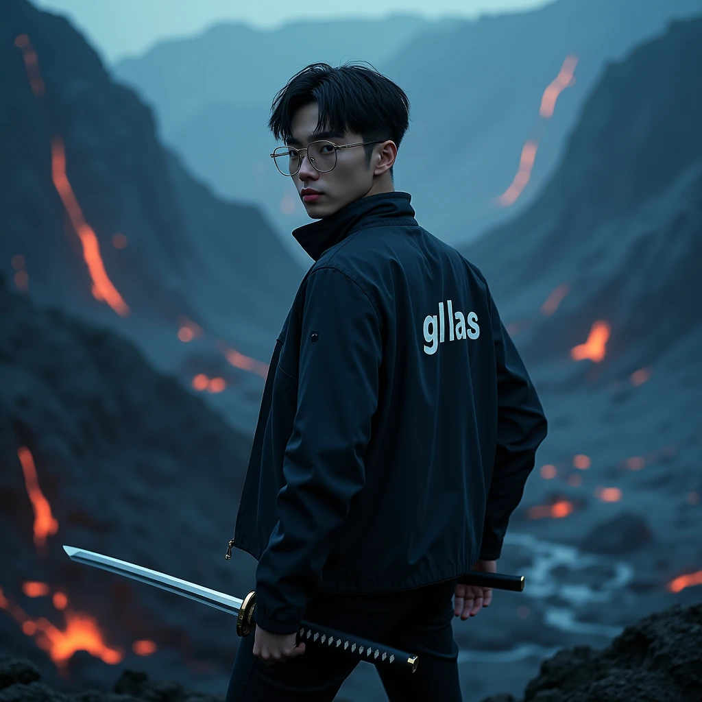 Create a character, {background: darkness blue vulcano, text: “GLBK”}, realistic, HDR, use glasses, handsome, korean style, full body, use katana, age 20, jacket text: “PRAS”