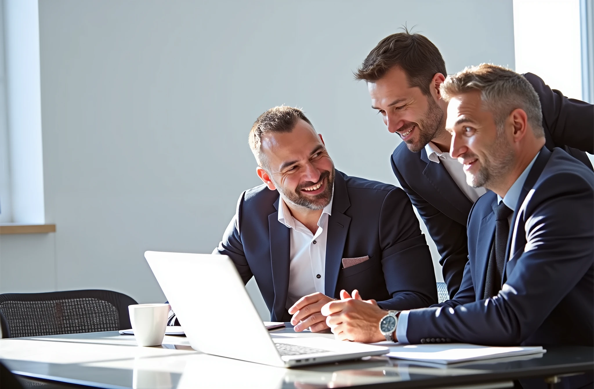 Three European men discussing work in the office,8k HD resolution,Natural Light