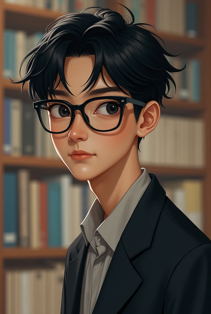 A high school boy wearing glasses, black hair, black eyes, tall, good looking, fair skin, Chinese eyes, a nerd who is good at studying, square black glasses, crew cut hair covering the eyebrows.