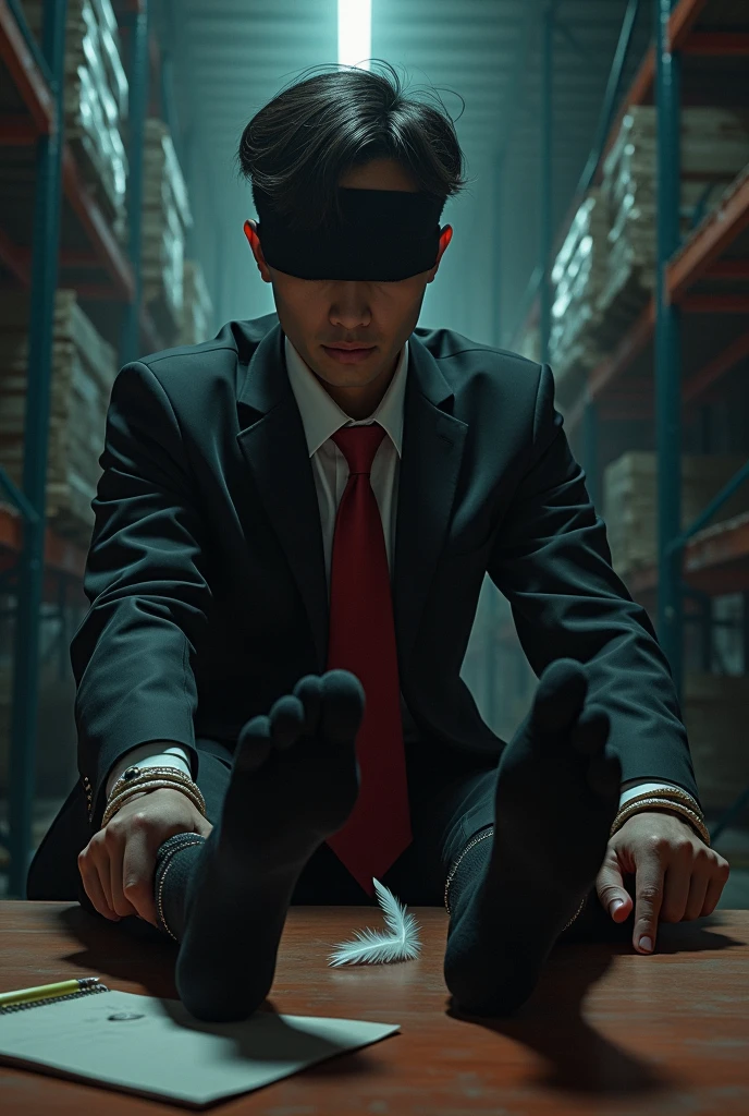 There is a handsome young Malay businessman from Malaysia named Zarul hands,legs with black socks tied with ropes to the chair and eyes covered with cloth A man opened Zarul shoes and tickled Zarul soles with chicken feathers Zarul laughed uncontrollably because his manly black sock soles were being tickled by feather duster